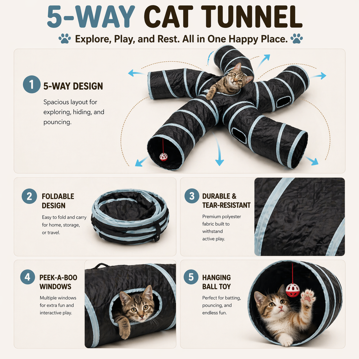 5-Way Collapsible Cat Tunnel for Indoor Cats